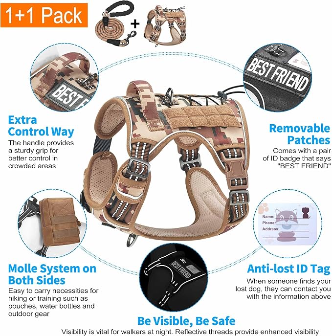 Heavy Duty Tactical Dog Harness for Medium Dogs, No Pull Adjustable Pet Harness Reflective Service Training Easy Control Pet Vest Military K9 Working Dog Harnesses- Medium, Desert Camo