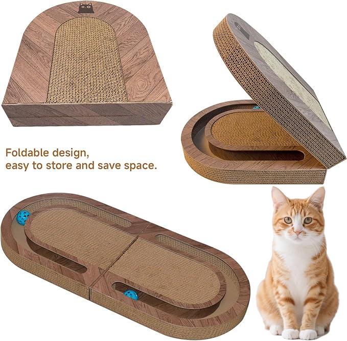 26" Cat Scratcher with Bells, Double Sided Interactive Toy - Encourages Healthy Scratching for Indoor Cats, Use on Floor, Wall or Couch