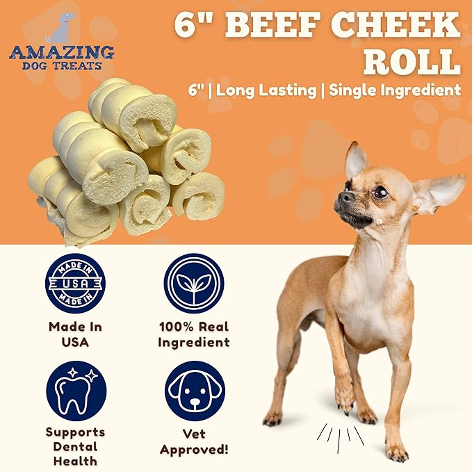 Amazing Dog Treats - Beef Cheek Rolls (6" Regular - 40 Pcs Bulk) - Safe Rawhide Alternative Dog Chew - Great for Power Chewers - Long Lasting Dog Chew - Retriever Rolls for Dogs…