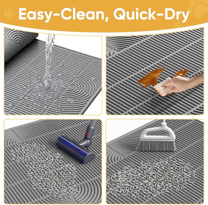 TRZZ XXL Extra Large Cat Litter Mat, Silicone Litter Box Mat for Floor, Waterproof & Non-Slip, Easy to Clean, Cat Litter Trapping Mat & Kitty Litter Catcher for Scatter Control (Black)