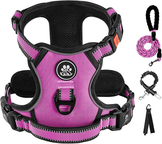 IVY&LANE No Pull Dog Harness for Medium Dogs,Dog Vest Harness with Leash,Safety Belt and Storage Strap, Fully Adjustable Harness,360?Reflective Strip,Soft Handle (Fuchsia Pink,M)