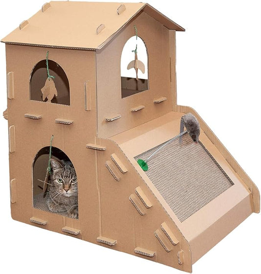 Furhaven Multi-Level Cardboard Cat House w/ Catnip for Indoor Cats, Ft. Scratching Pads & Toys - Townhouse Corrugated Cat Scratcher Hideout - Cardboard Brown, One Size