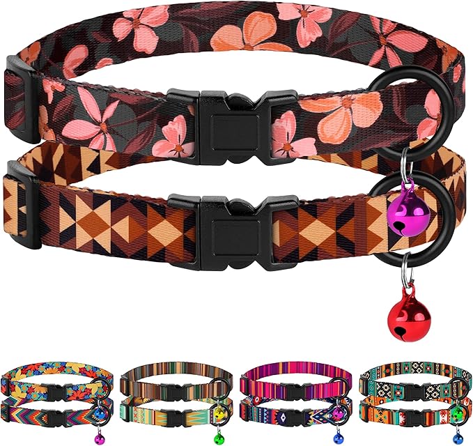 Cat Collars 2 Pack - Soft Cute Breakaway Collar with Bell, Adjustable Safety Kitten Collars for Girl & Boy Cats – Comfortable Stylish Patterned Print Lightweight (Crossandra + Geometric)