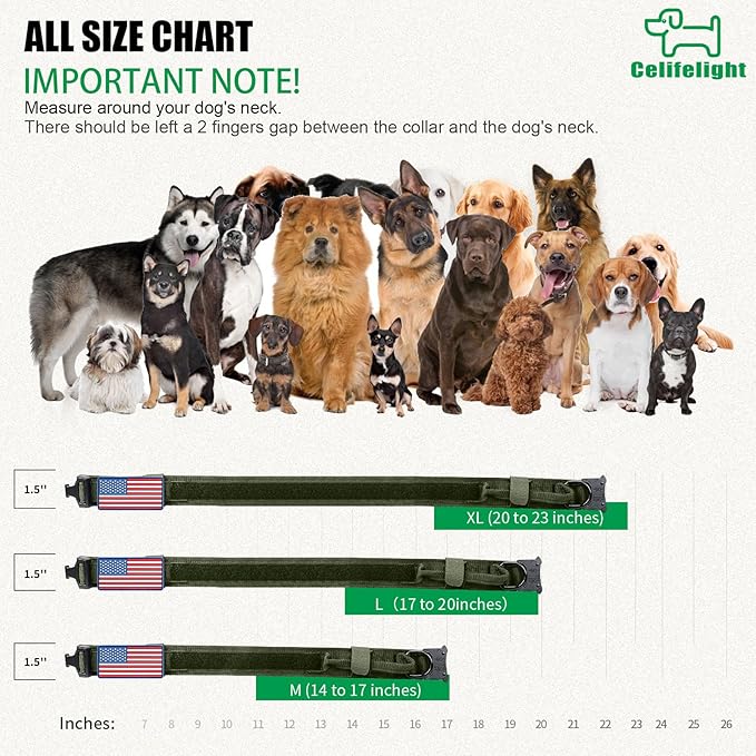 Tactical Military Collar - Adjustable Nylon, Heavy Duty Metal Buckle with Handle for Dog Training, with Patches (Green, M)