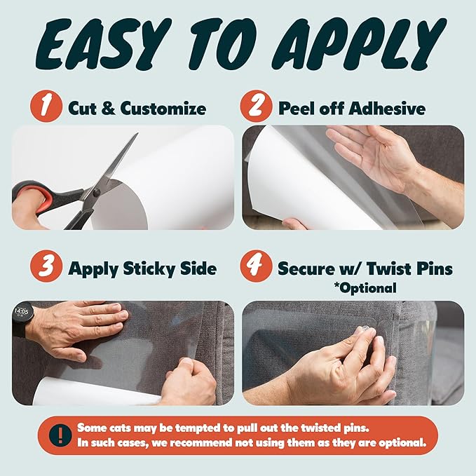 Anti Cat Scratch Furniture Protector, 10-Pack Couch Protector from Cat Claws - Heavy-Duty, Easy-to-Apply Scratching Deterrent and Shield for Sofa Corners, Walls, Doors- with 50 Twist Pins