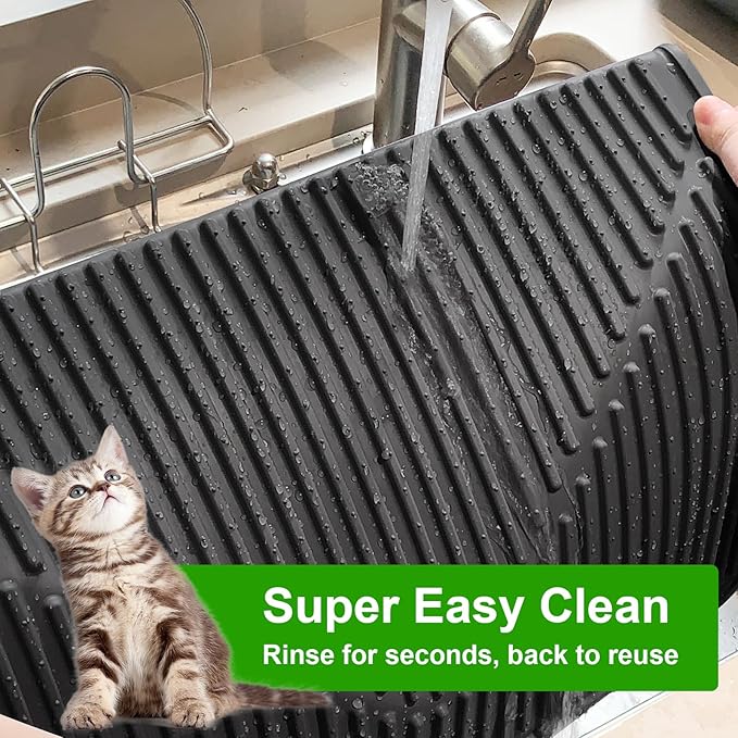 Gosmol Waterproof Cat Litter Mat, XL 28" x 20" Silicone Cat Mat for Litter Box, Large Pet Mat with Deep Grooves, Easy Clean Litter Mats Non-Slip Design Protects Floors & Carpets from Stains - Black