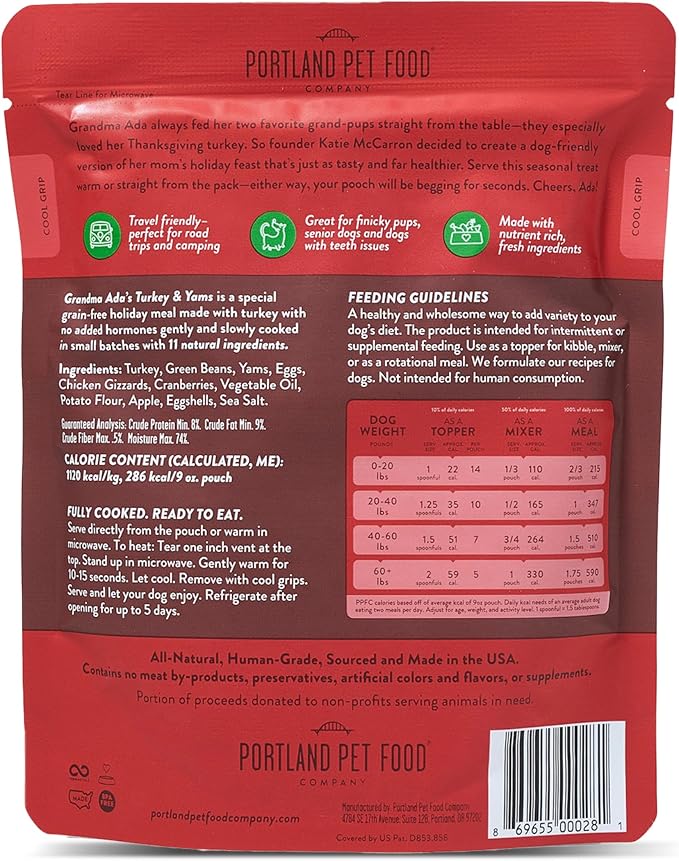 Portland Pet Food Company Fresh Dog Food Pouches - Human-Grade Toppers Wet Meal & Mixers - Grain-Free Limited Ingredient Grandma Ada's Turkey & Yams - Small & Large Breed Puppy & Senior Dogs - 5 Pack
