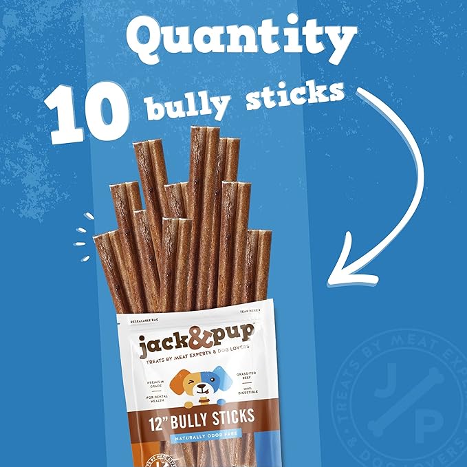Jack&Pup 12 Inch Standard Bully Sticks for Medium and Large Dogs (10 Pack) Single Ingredient Dog Chew Bully Stick
