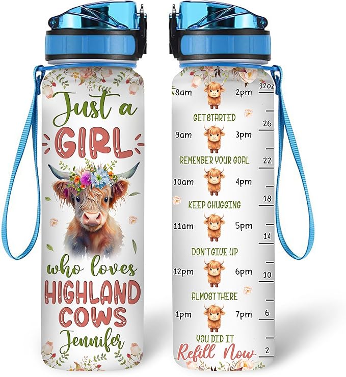 Hyturtle Personalized Highland Cow Lovers 32 Oz 1Liter Motivational Water Bottle With Time Marker, Just A Girl Who Loves Highland Cows, Animal Lovers Gifts For Women, Girl On Birthday, Christmas
