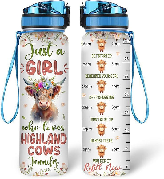 Hyturtle Personalized Highland Cow Lovers 32 Oz 1Liter Motivational Water Bottle With Time Marker, Just A Girl Who Loves Highland Cows, Animal Lovers Gifts For Women, Girl On Birthday, Christmas