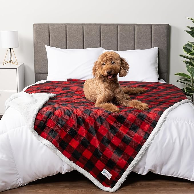PetAmi Waterproof Dog Blanket for Medium Large XL Dog Puppy Cat Throw for Couch Cover Leakproof Protection, Sherpa Fleece, Reversible Soft Washable 80x60 Checker Plaid Red