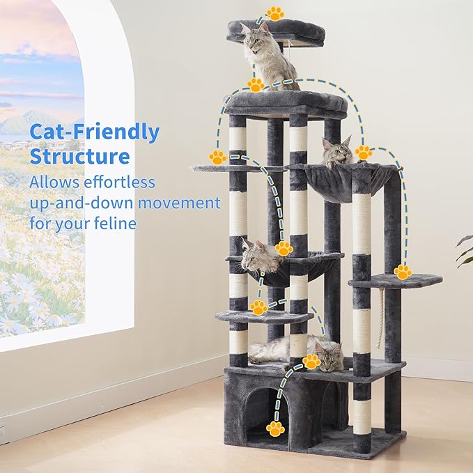 Heybly Cat Tree, 71-Inch Tall Cat Tower for Large Maine Coon Cats with Extra-Large Baseboard, Cat Condo Furniture with Multi-Level Platforms, 2 Hammocks and 12 Scratching Posts, Smoky Gray HCT037G