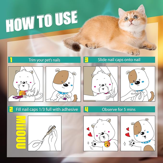 100 pcs Cat Nail Caps | Cat Claw Covers with Adhesives and Applicators | Black (M)