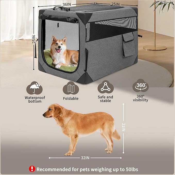 Dog Crates - 36 Inch Collapsible Soft Dog Crate, 3-Door Foldable Soft Kennel for Large Dogs, Portable Pet Travel Cage with Chew Proof Mesh Window for Indoors & Outdoors（Dark Gray）