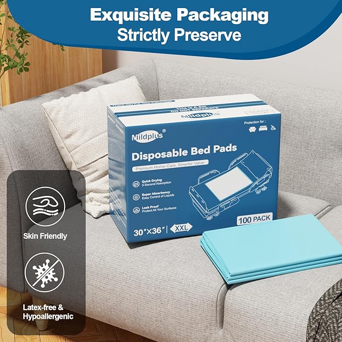 100 Count Disposable Bed Pads 30''X36'' MILDPLUS Super Absorbent Underpads, Disposable Extra Large Chucks Pads, Incontinence Pads for Adults, Children's Bedwetting Pads, Puppy Pads