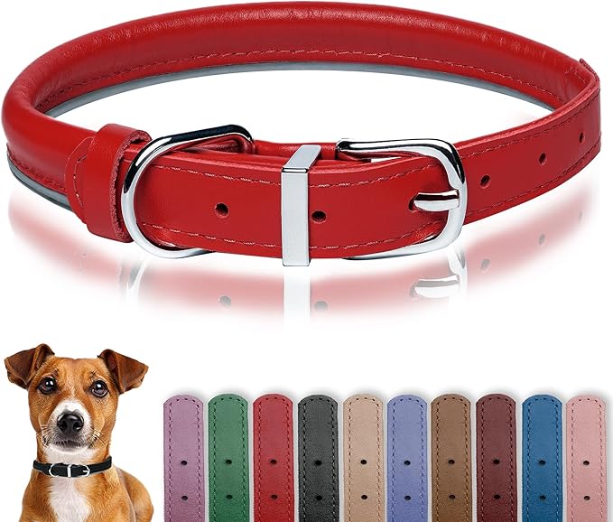 OOPSDOGGY Rolled Leather Dog Collar Reflective Roll Collars for Small Medium Large Dogs Puppy (Red, M, 12''- 15'')