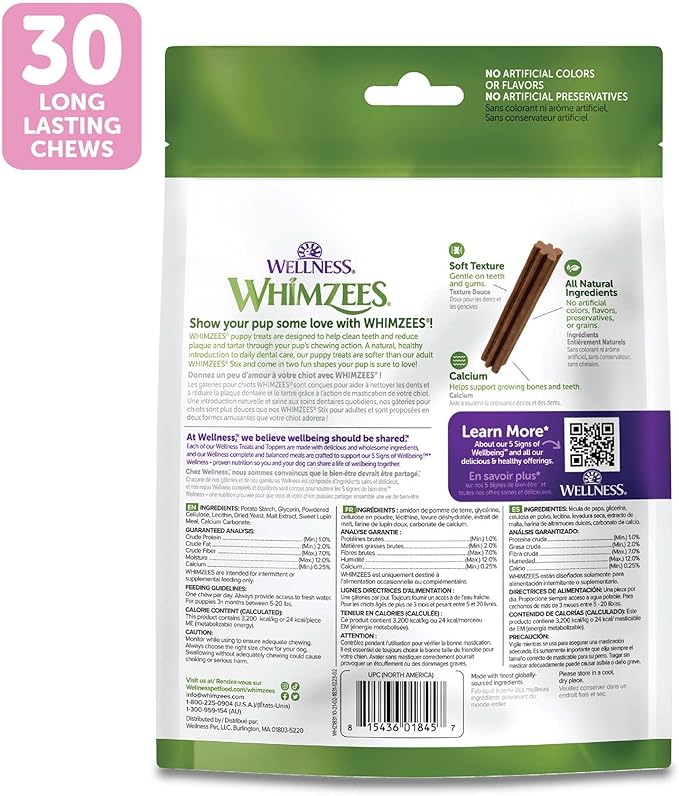 WHIMZEES Wellness Puppy Dog Dental Treats, Natural Chews, Extra Small & Small Size Stick, (30 Count)