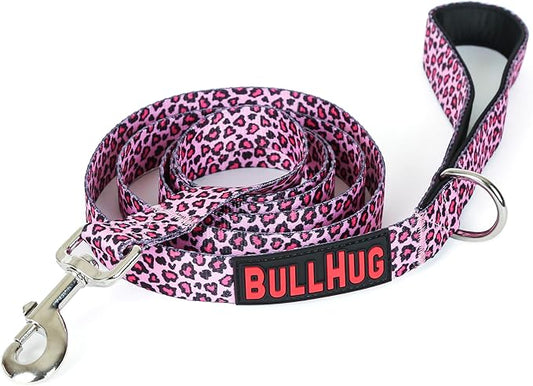 BULLHUG 6 FT Bulldog Leash with Padded Handle. Perfect for Bulldogs, French Bulldogs, Pugs & All Breeds. Leashes for Walking, Training Lead for Bulldogs (Leopard Pink)