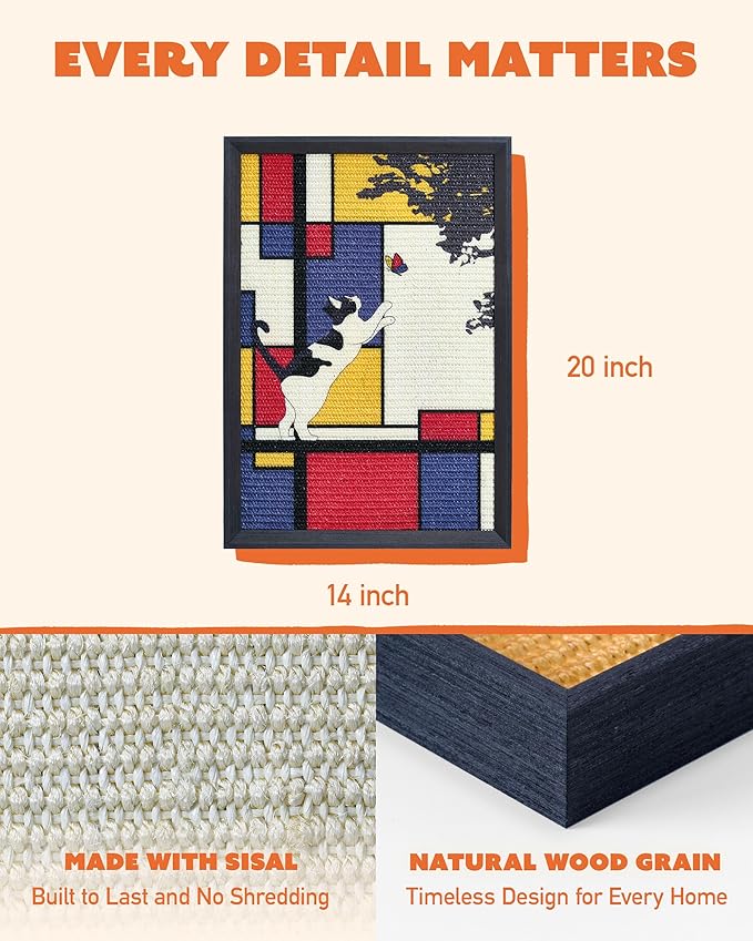 Decorative Wall Art Cat Scratcher for Vertical Scratching, 14"x20" Framed Sisal Scratch Pad Mat with Renter-Friendly No-Drill Wall Mounted Setup, Durable Alternative to Cardboard (Mondrian's Cat)
