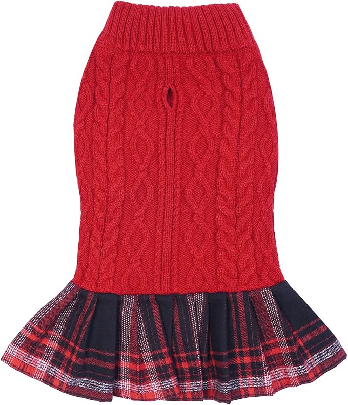 FUAMEY Dog Sweater, Warm Dog Christamas Sweater Dress Classic Plaid Turtleneck Sweaters Knitwear Cold Weather Dogs Pullover for Small Medium Dogs Puppies & Cats Bulldogs Corgi with Leash Hole