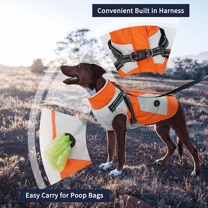 IECOii Dog Coat for Large Dogs, Orange, X-Large - Waterproof Winter Fleece Jacket with Harness, Turtleneck, Reflective Straps, Zipper Closure