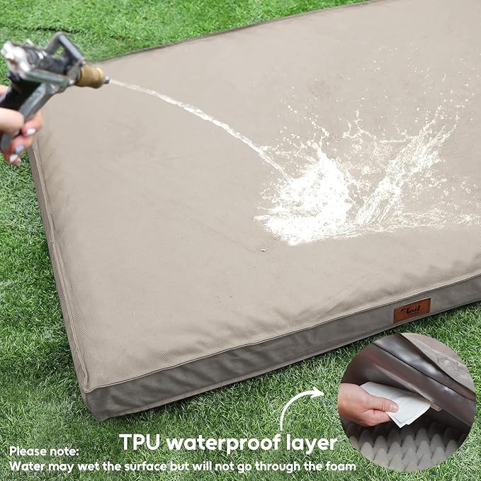 Outdoor Dog Bed for Medium Dogs, Waterproof Dog Crate Mat Orthopedic Egg Crate Foam Pet Bed with Washable Removable Oxford Cover, Khaki