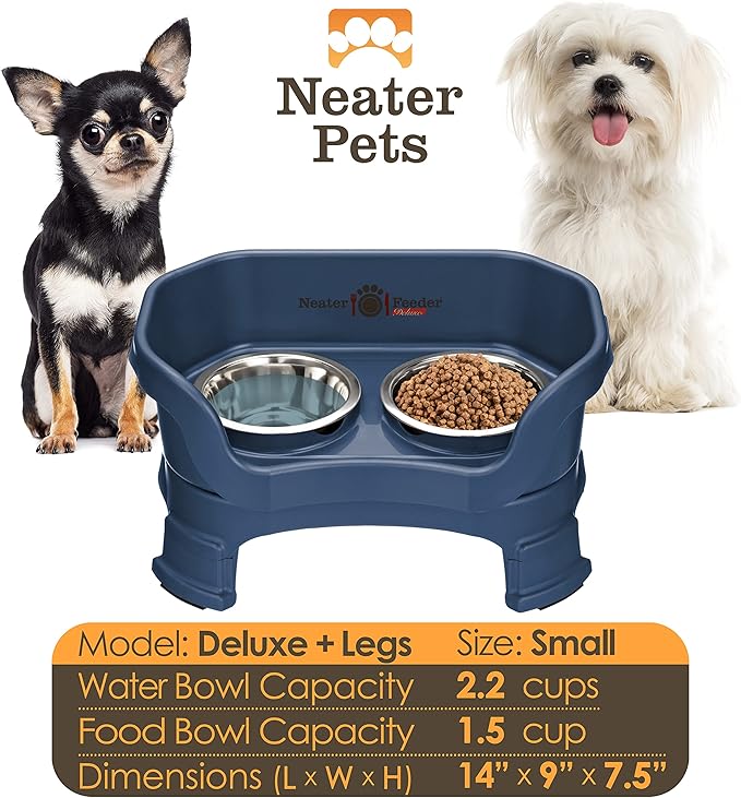 Neater Feeder Deluxe Mess Proof Dog Bowls Elevated for Small Breeds – Made in USA – No Spill Raised Dog Food Bowl Stand w/Leg Extensions – Stainless Steel Food and Water Bowl Set – Dark Blue