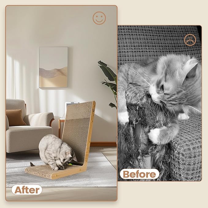 2-Pack Cardboard Cat Scratcher, 105° Tilt Angle Cat Scratching Board, 23.60 Inch L-Shape Cat Scratch Pads with Built-in Catnip Toy Balls, Cat Scratchers for Indoor Cats
