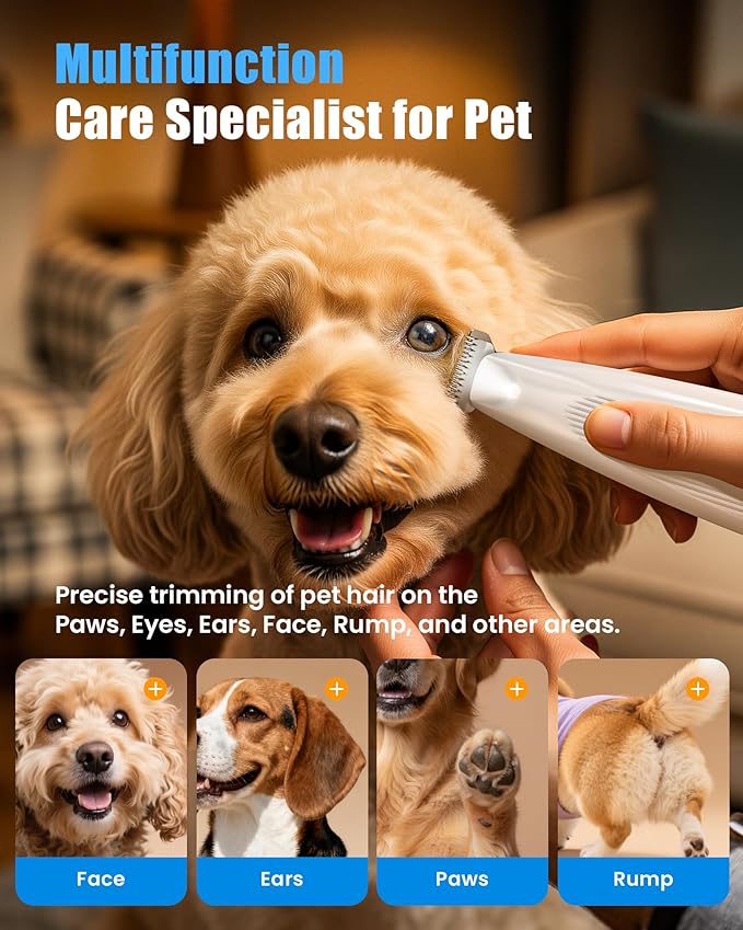 Professional Dog Paw Trimmer with LED Light, New Upgraded 35dB Low-Noise Pet Paw Trimmers for Dog's Feet, 2-Speed Electric Paw Cleaner Grooming Clippers for Dogs, Cats'Paws, Ears, Face, Rump (Pink)