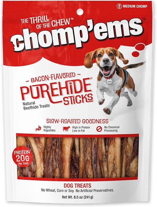 CHOMP 'EMS Purehide Chews - Slow Roasted Naturally Delicious Rawhide Dog Treats - High Protein Beef Hide - Bacon Flavor, Sticks, 8.5 Oz.