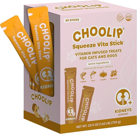 Choolip Squeeze Vita Stick Lickable Cat Treats & Dog Puree – 49-Count Kidney Support Tubes, Creamy Puree with Multivitamins for Urinary & Kidney Health, Grain-Free High-Protein Vet-Formulated Treats