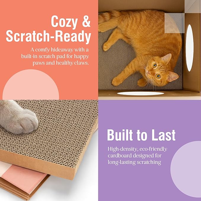 Cardboard Cat House with Scratch Pad – Durable, Eco-Friendly Hideaway, Easy Assembly, Stylish Cotton Candy Checkered Design, Indoor Pet Furniture, for Cat Lovers
