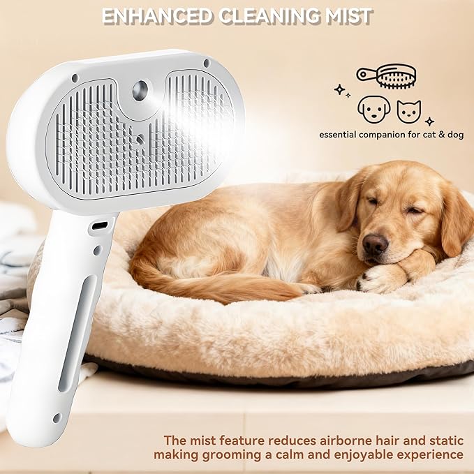 Dog Steam Brush 3-in-1 Spray Bath Brush for Dog and Cat, Pet Hair Removal Comb for Long & Short Haired Pets, Self Cleaning Grooming Brush Can Help to Comb a Pet's Fur and Remove Fleas