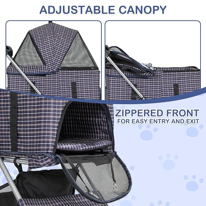 MoNiBloom 3 in 1 Foldable Pet Stroller for Small & Medium Dogs, Detachable Carrier, Car Seat, Push Button Entry, 4-Wheel Jogger for Pets up to 33 lbs, Plaid