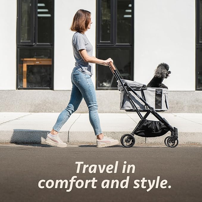 FikaGO-FTG2 Luxury Pet Stroller Lightweight Fast Folding - 44lbs Load Capacity, Pet Stroller Carriage for Small Medium Sized Pet, Portable Safety Pet Carrier or Pet Crate for Travel Gear