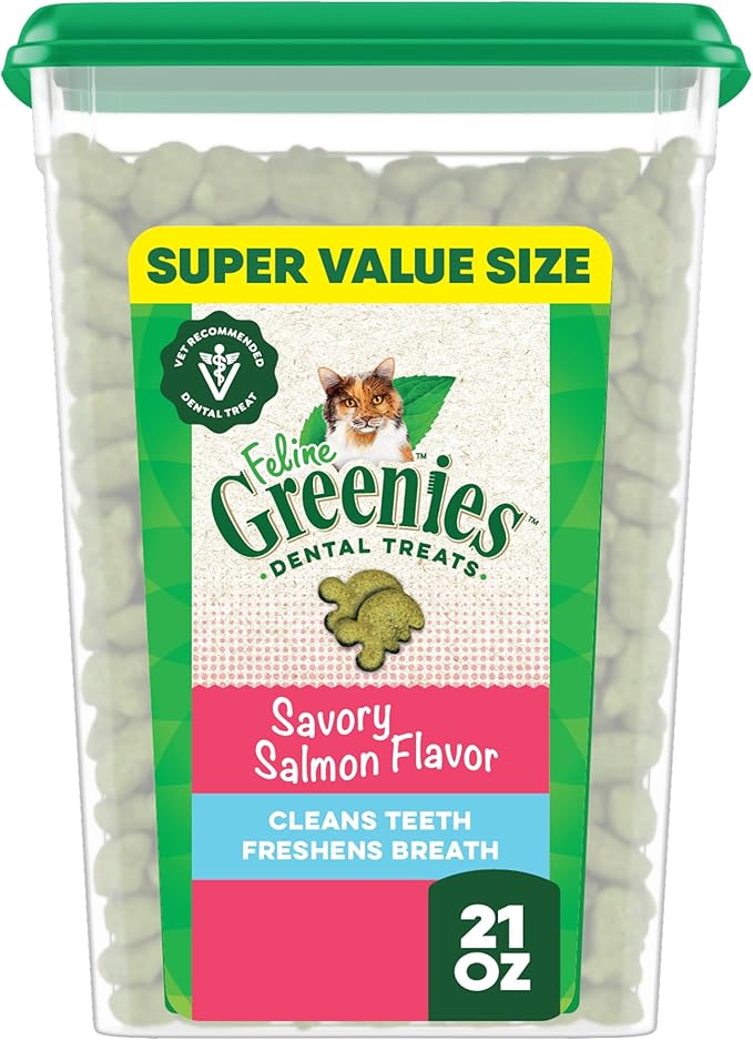 Greenies Feline Veterinarian-Recommended Adult Natural Dental Cat Treats, Savory Salmon Flavor, 21 oz. Tub
