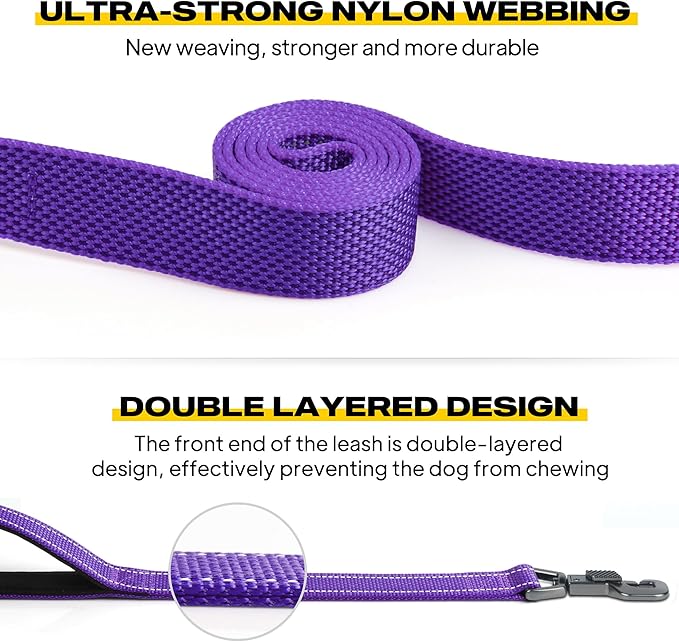 Fida 6 FT Heavy Duty Dog Leash with 2 Comfortable Padded Handles, Traffic Handle & Advanced Easy Snap Hook, Reflective Walking Lead for Large, Medium & Small Breed Dogs, Purple