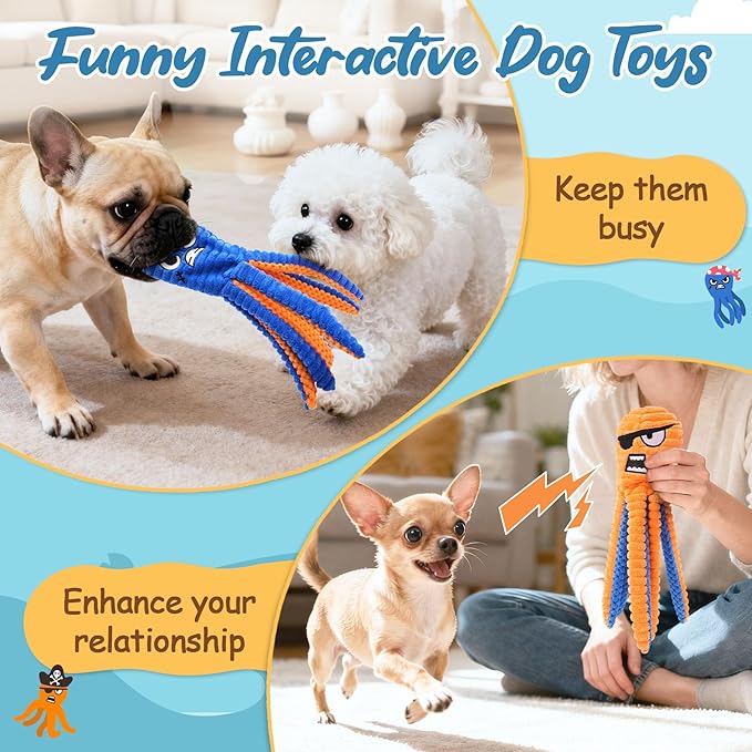 Zeaxuie Dog Toys for Aggressive Chewers, 2 Pack No Stuffing Interactive Dog Toys for Teething, Squeaky Chew Toy to Keep Them Busy for Small and Medium Breed, Crinkle Octopus