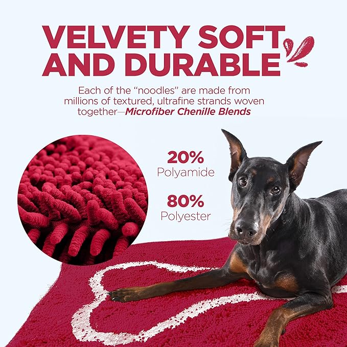 Soggy Doggy Doormat with Bone Design - Ultra Absorbent Microfiber Chenille Wet Dog Mat for Muddy Paws - Non-Slip and Machine Washable (Cranberry/Oatmeal Bone, Extra-Large 36” x 60”)