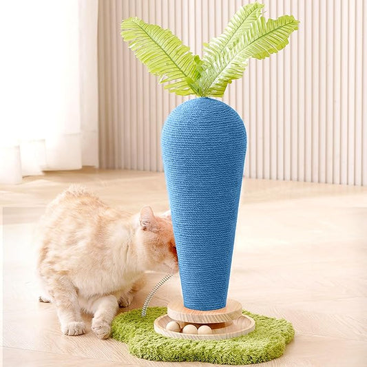 Cute Cat Scratching Post, Carrot Cat Scratcher Post with Durable Natural Wooden Turntable Toy and Catnip, 24'‘ H Blue Carrot Shape Design Sisal Cat Tree Sisal Scratcher for Indoor Cats (Cloud Base)