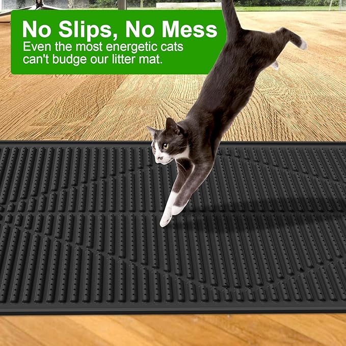 Gosmol Cat Litter Mat XXL 38" x 25" Extra Large Waterproof Trapping Mat with Raised Points, Easy Clean Litter Mat, Non-Slip Silicone Cat Mats for Litter Boxes & Floor-Black