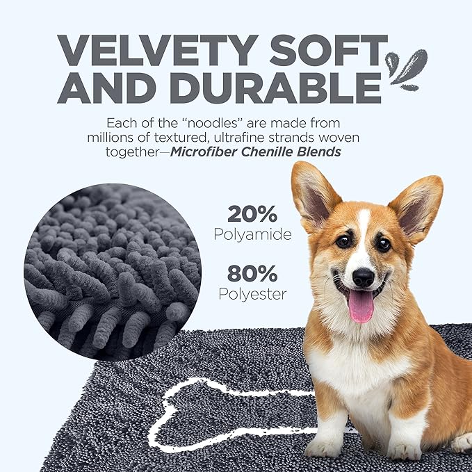 Soggy Doggy Doormat with Bone Design - Ultra Absorbent Microfiber Chenille Wet Dog Mat for Muddy Paws - Non-Slip and Machine Washable (Gray/Light Gray Bone, Large 26” x 36”)