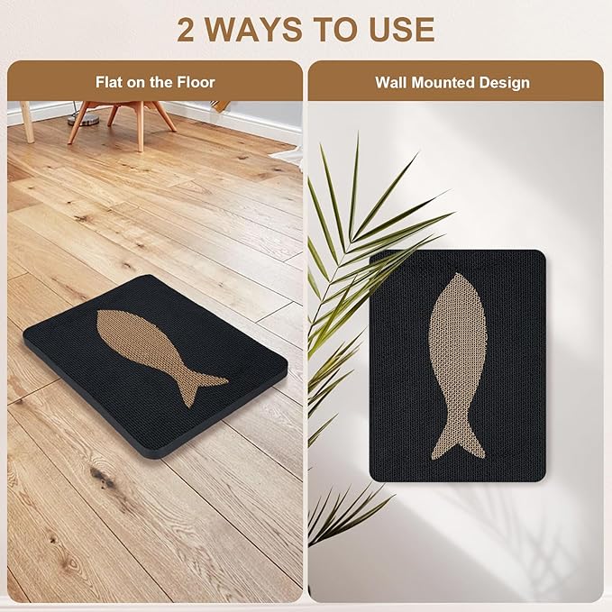 Ownpets Wall Cat Scratcher, Cute Vertical Cat Scratching Board, Wall Mounted Cat Scratch Pad for Wall, Glass, Wood, and Tile, Furniture Protector, Fish Print Black