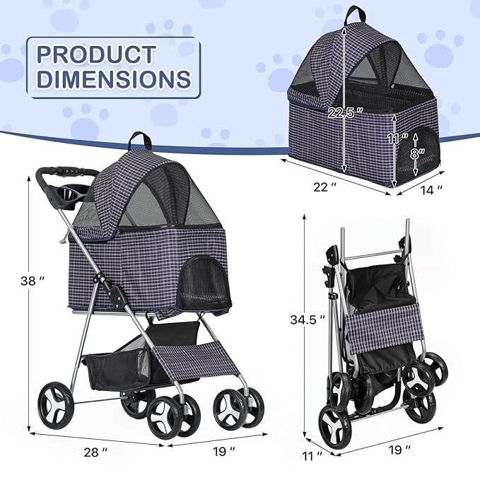 MoNiBloom 3 in 1 Foldable Pet Stroller for Small & Medium Dogs, Detachable Carrier, Car Seat, Push Button Entry, 4-Wheel Jogger for Pets up to 33 lbs, Plaid