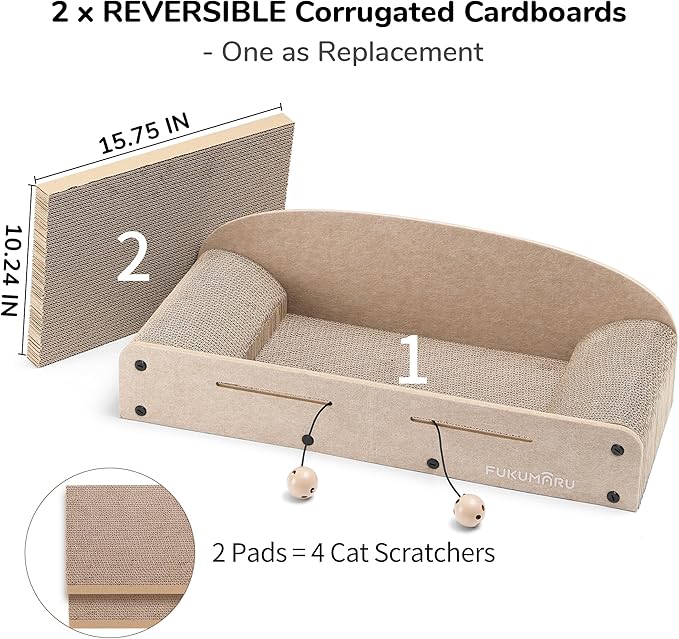 FUKUMARU 26 Inch Cat Scratcher Cardboard Lounge Bed, 2 Reversible Cat Scratch Pads Refill for Indoor Cats, Durable Cats Scratching Boards Extra Large Lounger Bed Sofa Couch with Ball Toy, Beige