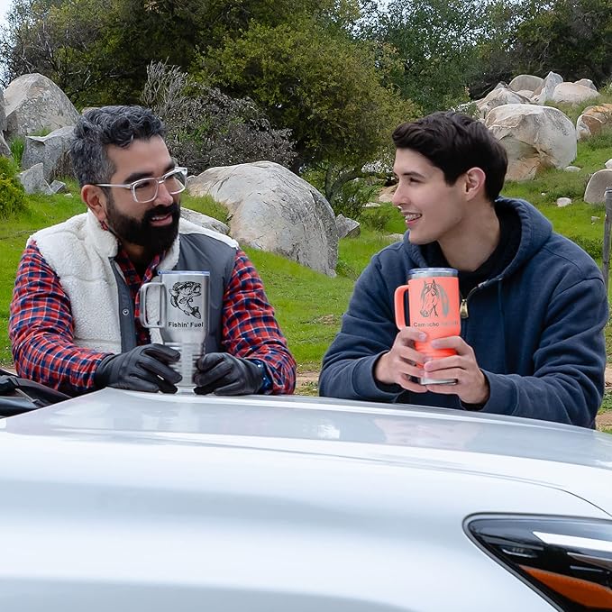 LaserGram 20oz Vacuum Insulated Travel Mug with Handle, Chihuahua Dog, Personalized Engraving Included (Coral)