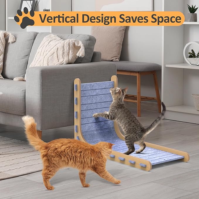 Felt Cat Scratcher for Indoor Cats, 26.8 Inches L Shape Scratching Board Vertical Cat Scratch Post with Fluffy Ball Hanging, Scratch Resistant Felt Cat Scratching Pad, Blue