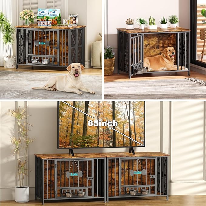 Easycom Foldable Large Dog Crate Furniture, 41.3" Assembly-Free Dog Crates for Large Dogs, Decorative Wooden Dog Kennel Indoor with Tag & Dog Bowls, Dog Cage Use as TV Stand, Rustic Brown