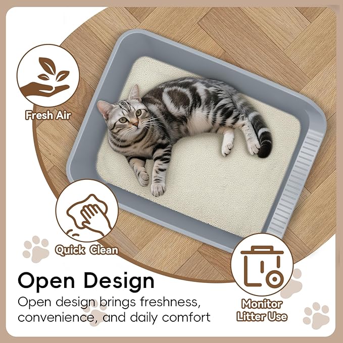 Large Cat Litter Box with High Sides,Durable Open Top Cat Litter Pan for Kitty,Plastic Indoor Big Cat Box with High Wall,Senior Cat Toilet with Low Entry,Easy to Clean,Anti-Splashing(Grey)