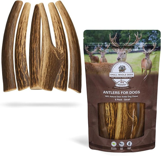 WhiteTail Naturals - Antlers for Small Dogs (6 Pack) Deer Antler Dog Chew Bones for Small Aggressive Chewers - Long Lasting Horn Chew Toys - Naturally Shed